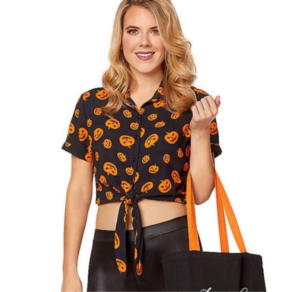 Spirit Shirt Womens Pumpkin Jack O Lantern Halloween Button Up Top XL
